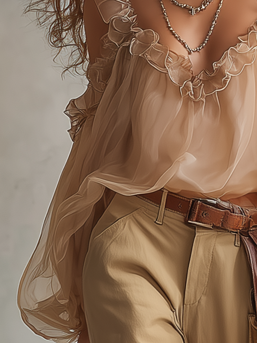 Ethereal Sand Beige Sheer Cold-Shoulder Ruffled Blouse