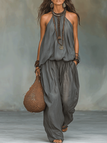 Fluid Drape Halter Top & Wide-Leg Pants Set