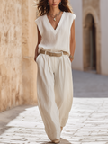 Relaxed Cream Textured Sleeveless Top & Wide-Leg Trouser Co-ord Set