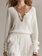 Relaxed Cream V-Neck Ribbed Knit Top & Tiered Chiffon Skirt Co-ord Set
