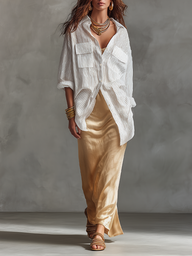 Effortless Striped Relaxed Shirt & Fluid Maxi Dress Set