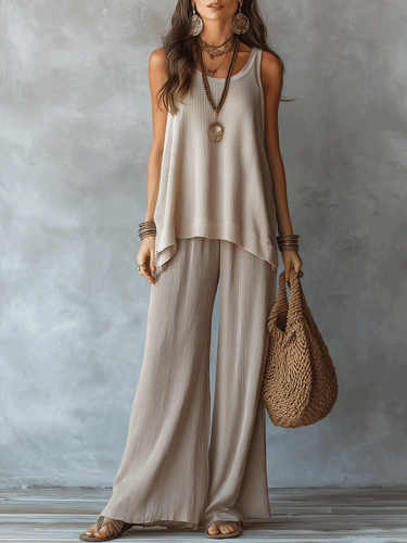 Effortless Boho Sleeveless Textured Top & Wide-Leg Pants Set
