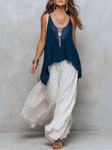 Bohemian Style Openwork Knit Two piece Set With Flowing Wide leg Pants