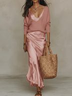 Effortless Ivory Knit & Satin Midi Ensemble