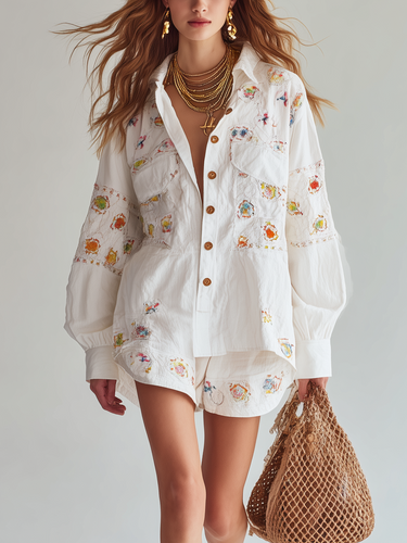 Bohemian Embroidered White Shirt Shorts Set