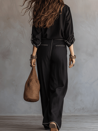 Effortless Bohemian Black Linen-Feel Two-Piece Set