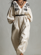 Bohemian Style Off white Embroidered Wide leg Jumpsuit
