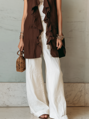 Bohemian Style Brown Sleeveless Vest With Ruffled Details White Linen Wide Leg Pants Set