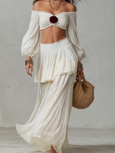 Bohemian Style  Crop Top Ruffled Long Skirt Two piece Set