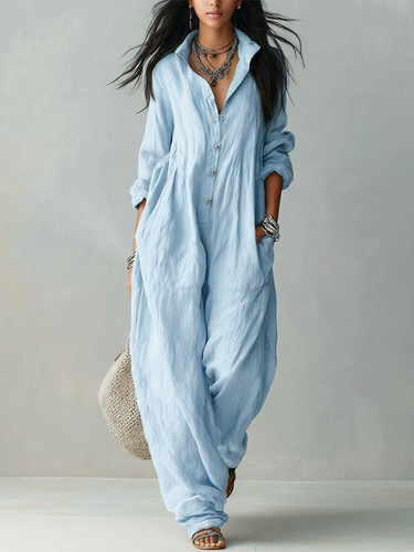 Relaxed And Comfortable Light Blue Linen Jumpsuit