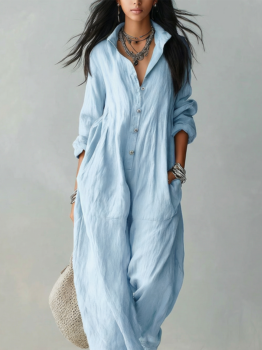 Relaxed And Comfortable Light Blue Linen Jumpsuit