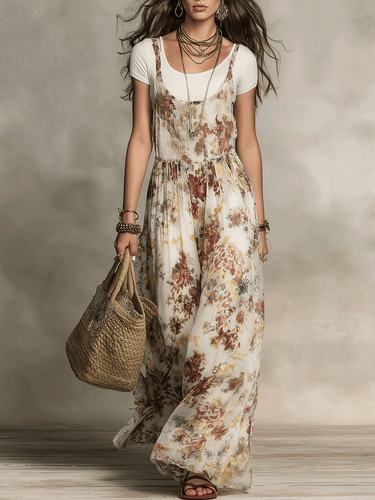 Effortless Boho Soft Draped Floral Maxi Dress White T-Shirt Set