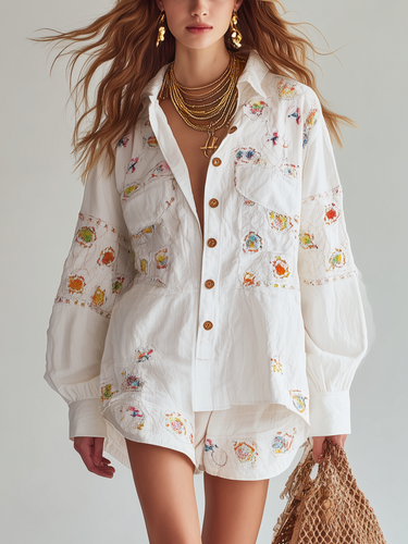 Bohemian Embroidered White Shirt Shorts Set