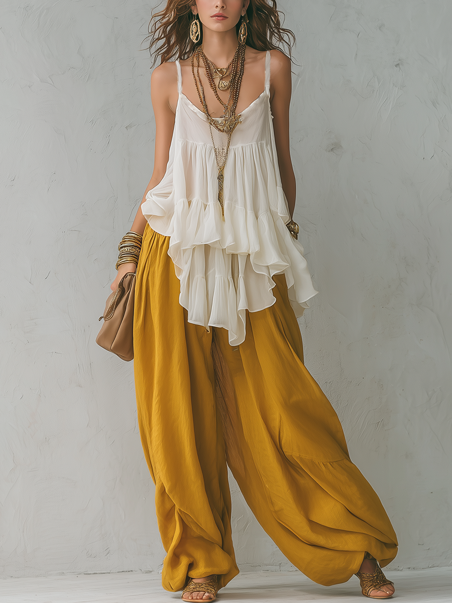 Off White And Turmeric Yellow Bohemian Style Ruffled Strap Top And Lantern Pants Set