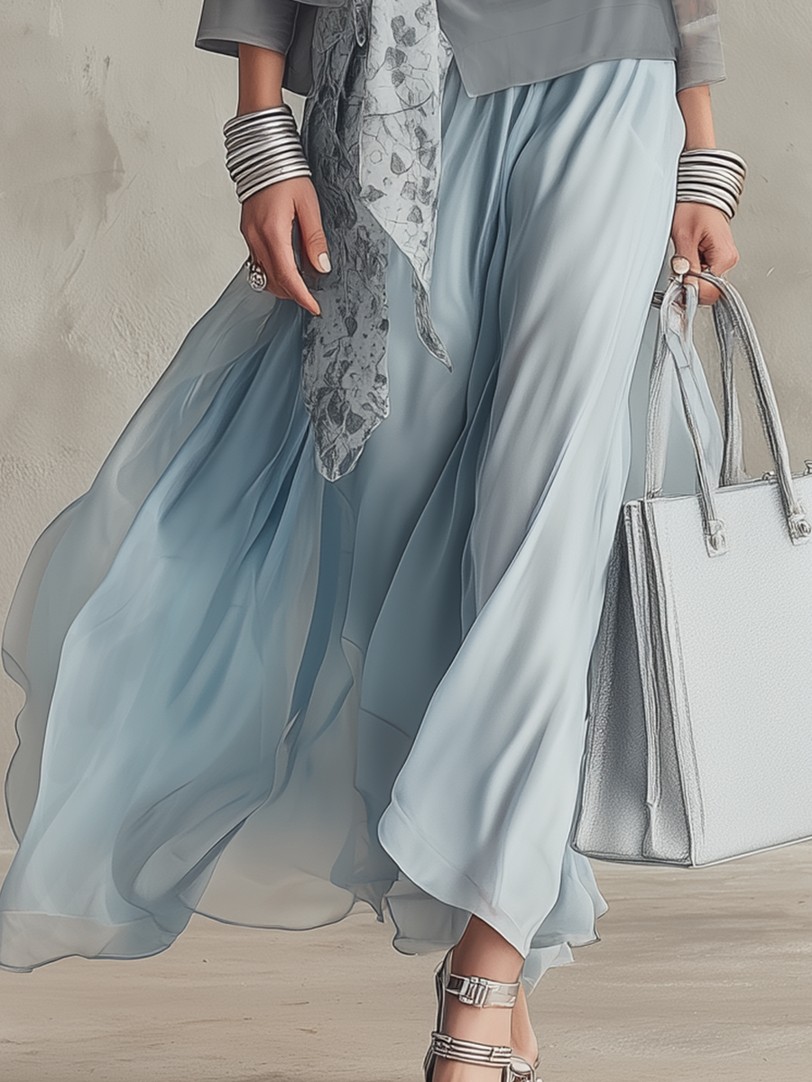 Elegant Dusty Blue Sheer Blouse & Fitted Maxi Dress Co-ord Set