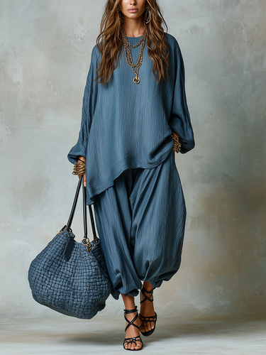 Airy Slate Blue Textured Batwing Sleeve & Harem Trouser Co-ord Set