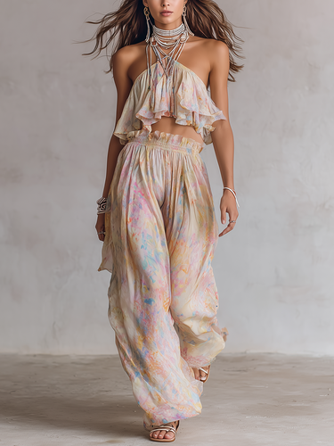 Bohemian Style Halter Neck Crop Top And Wide-leg Pants Set