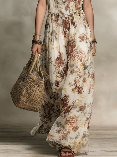 Effortless Boho Soft Draped Floral Maxi Dress White T-Shirt Set