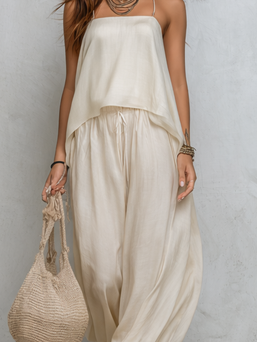 Cream-colored, Flowing Bohemian-style Two-piece Set