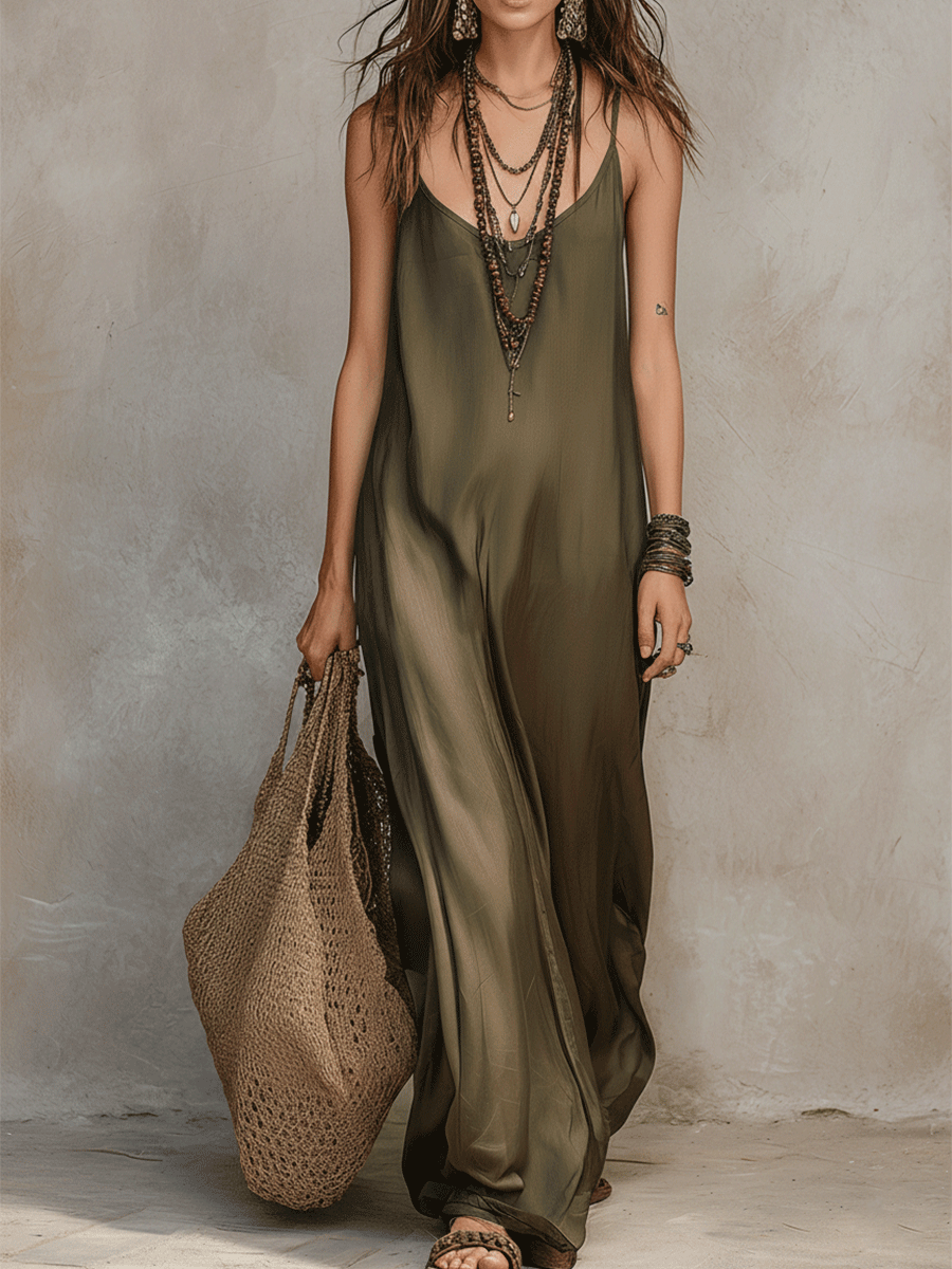 Olive Layered Boho Maxi Dress With Striped Underlay
