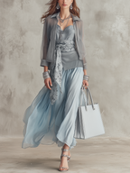 Elegant Dusty Blue Sheer Blouse & Fitted Maxi Dress Co-ord Set