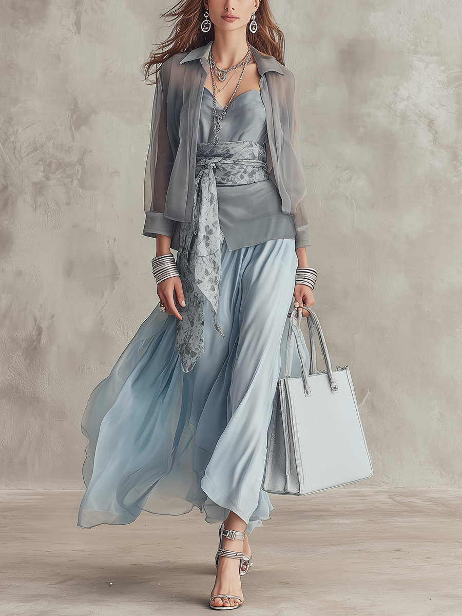 Elegant Dusty Blue Sheer Blouse & Fitted Maxi Dress Co-ord Set