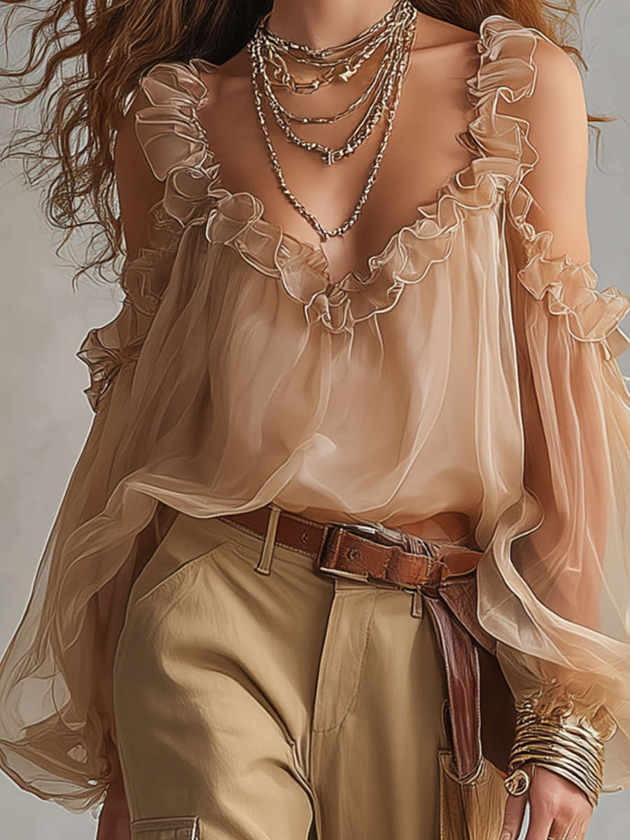 Ethereal Sand Beige Sheer Cold-Shoulder Ruffled Blouse