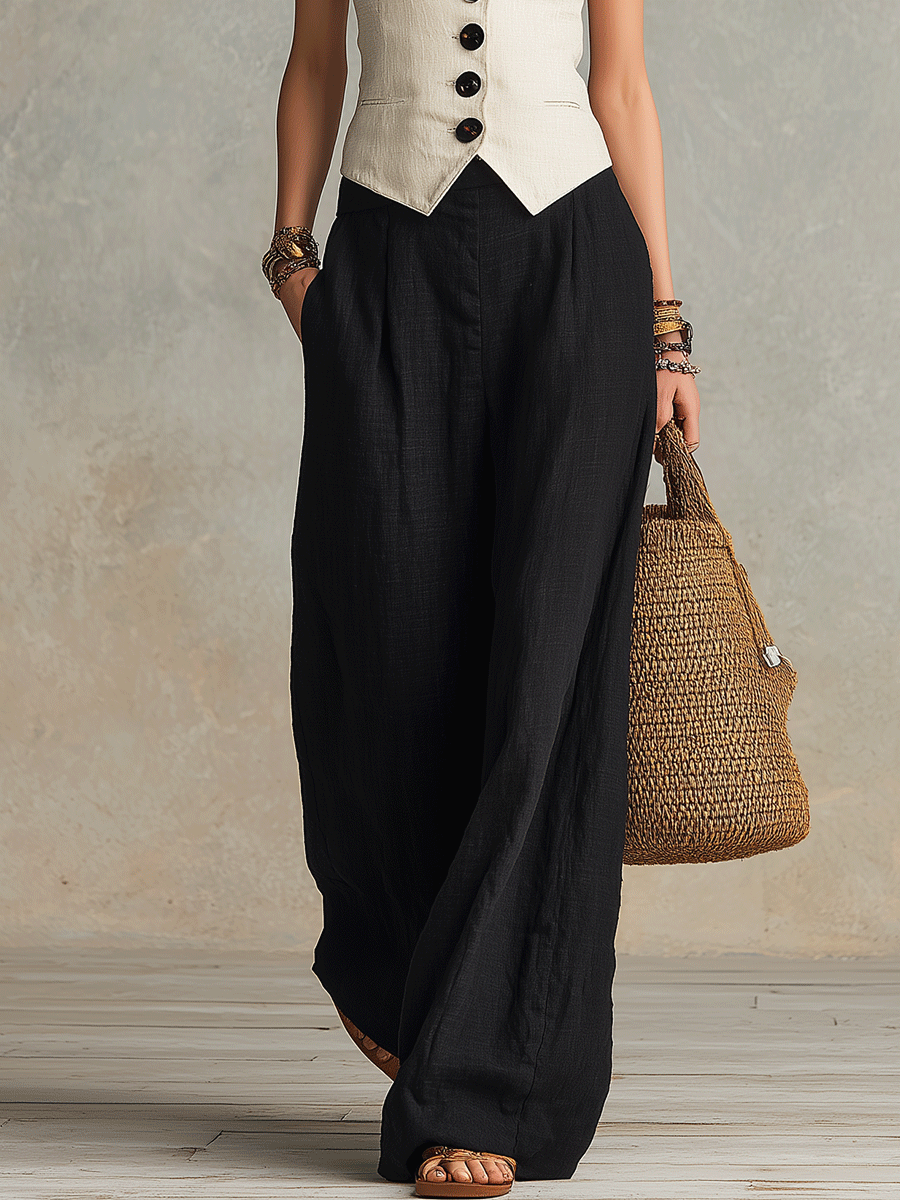 Relaxed Linen Bohemian Vest & Wide-Leg Flowing Pant Set