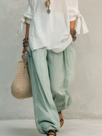 Bohemian Style White Shirt And Sage Green Trousers