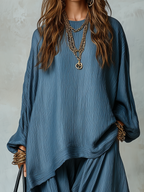 Airy Slate Blue Textured Batwing Sleeve & Harem Trouser Co-ord Set