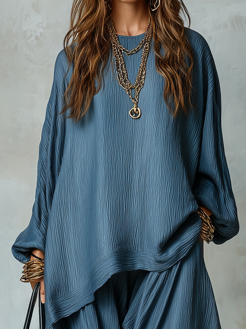 Airy Slate Blue Textured Batwing Sleeve & Harem Trouser Co-ord Set