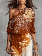 Loose Bohemian-Style One-Shoulder Printed Top And Skirt Set