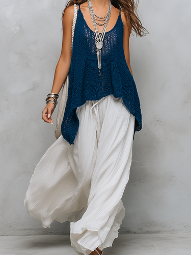 Bohemian Style Openwork Knit Two piece Set With Flowing Wide leg Pants