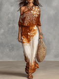 Loose Bohemian-Style One-Shoulder Printed Top And Skirt Set