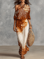 Loose Bohemian-Style One-Shoulder Printed Top And Skirt Set