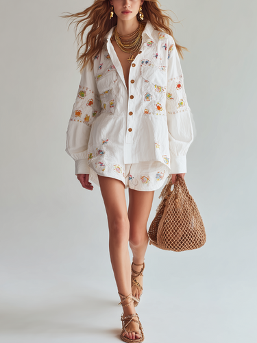 Bohemian Embroidered White Shirt Shorts Set