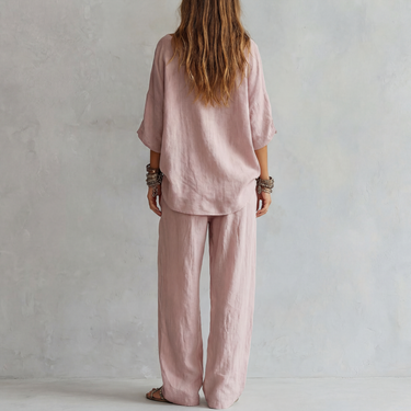Casual Light Pink Linen Wide-leg Pants Set
