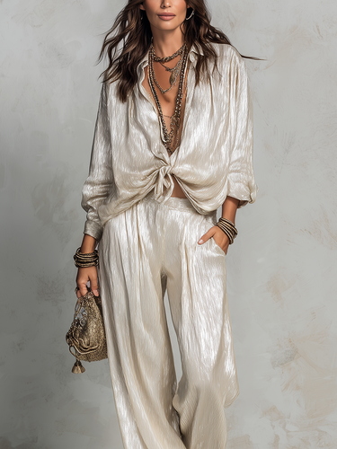 Bohemian Style Glossy Silver Wide Leg Pants Set