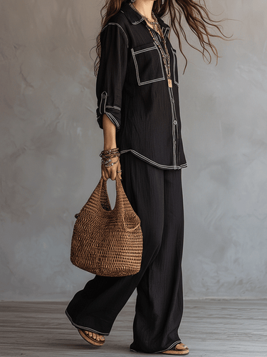 Effortless Bohemian Black Linen-Feel Two-Piece Set