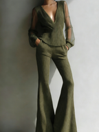 Sheer-Sleeve Ribbed Knit Set