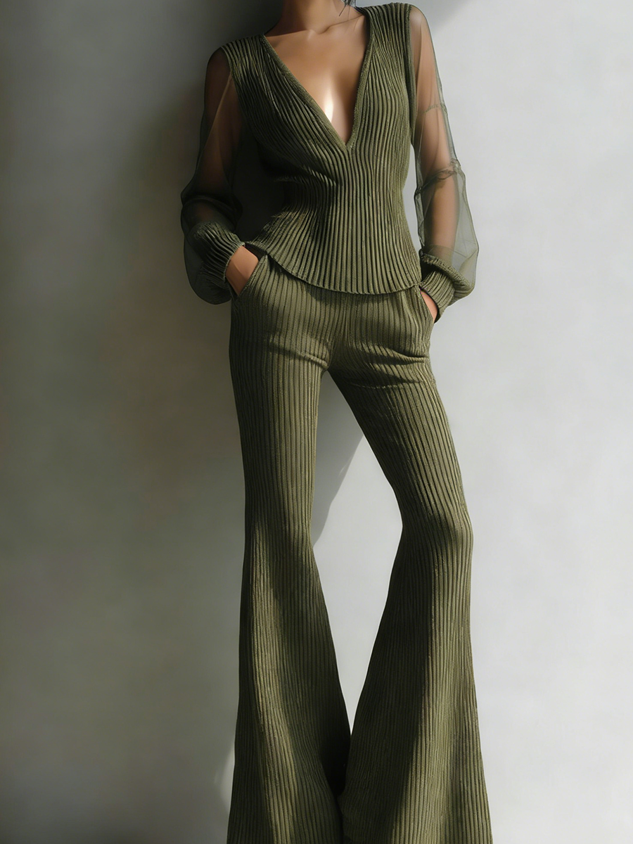 Sheer-Sleeve Ribbed Knit Set