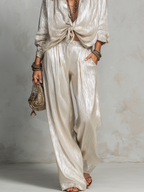 Bohemian Style Glossy Silver Wide Leg Pants Set