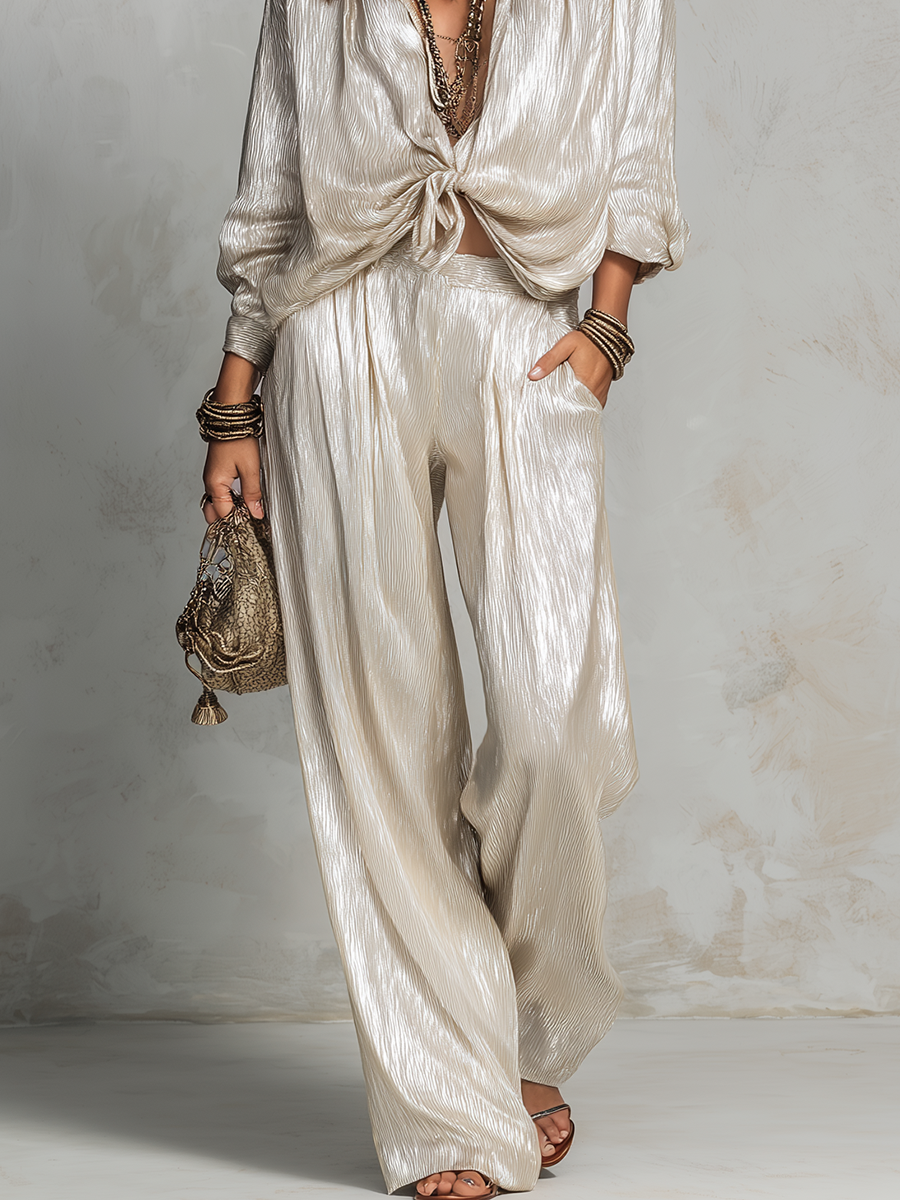 Bohemian Style Glossy Silver Wide Leg Pants Set