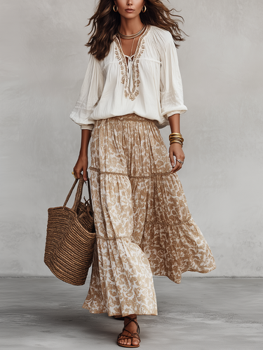 Bohemian Embroidered Blouse & Maxi Skirt Set