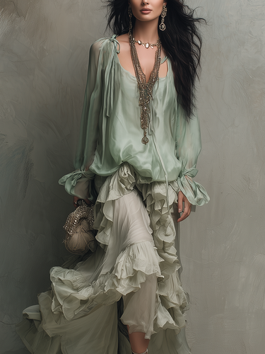Bohemian Mint Chiffon Ruffle Blouse With Layered Skirt