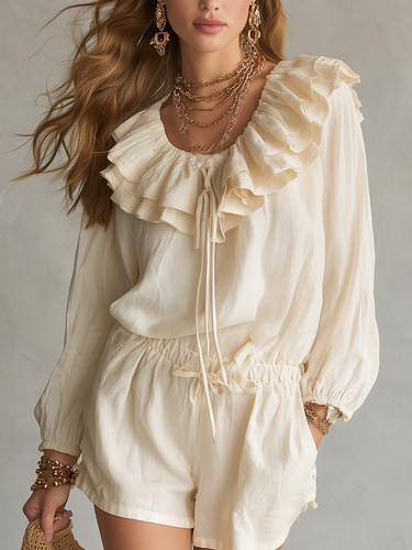 Boho Cream Ruffled Blouse  Drawstring Shorts Set