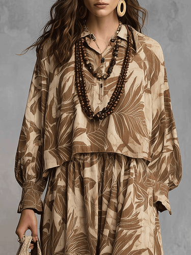 Earthy Leaf Print Bohemian Lounge Set