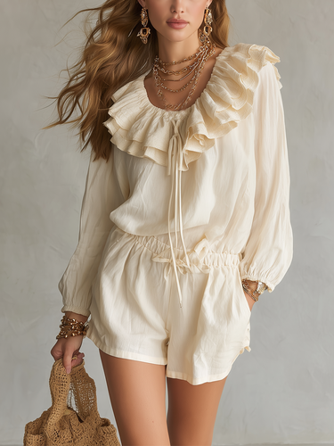 Boho Cream Ruffled Blouse  Drawstring Shorts Set