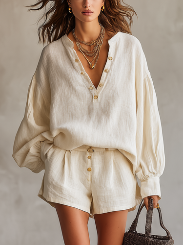 Soft Draped Balloon-Sleeve Two-Piece Set