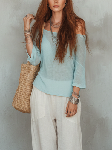 Comfortable Light Blue Knitted Sweater And Wide Leg Pants Set